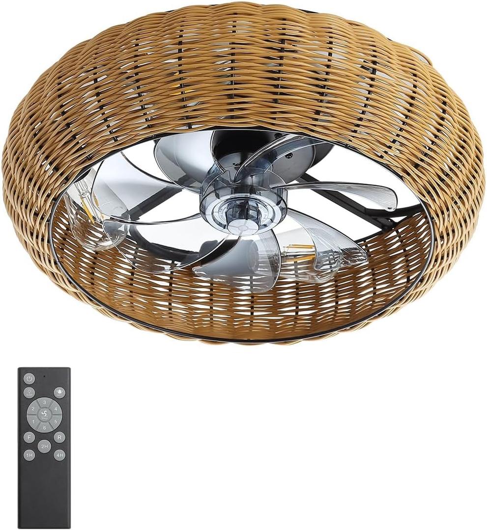 FELCO 20" Boho Bedroom Fandelier Ceiling Fan with Light and Remote, Low Profile Bohemian Woven Caged Flush Mount Ceiling Fan Light for Indoor, Covered Outdoor, Quiet DC Motor 6-Speed Reversible