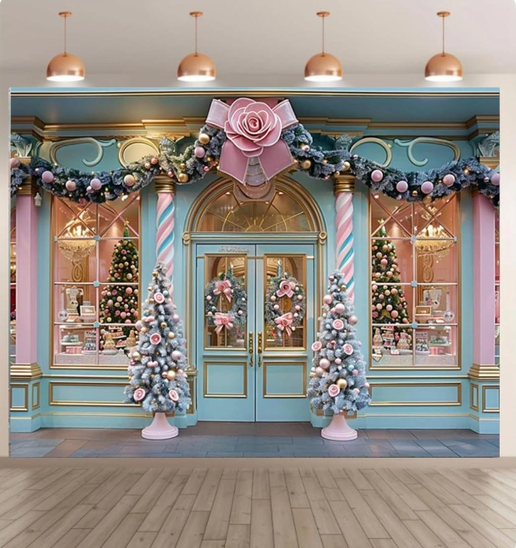 7x5ft Christmas store backdrop photography winter snow Christmas tree pink flowers girl portrait photo background new year wallpaper banner decoration Photozone