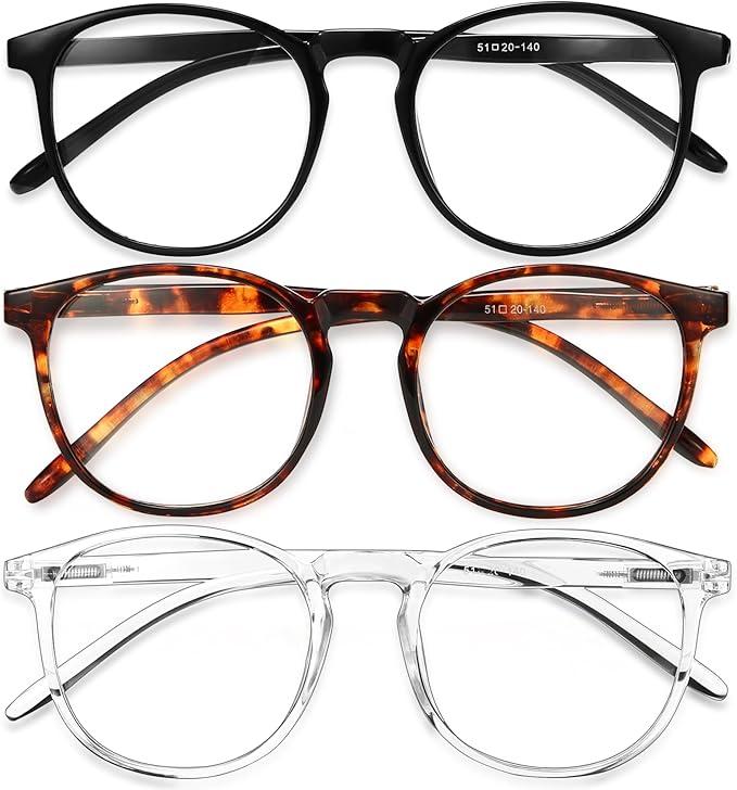 IBOANN Chic & Comfy Blue Light Glasses for Women - 3-Pack Round Frames, Screen-Ready Style with UV Protection Coating (A2 Light Black & Tranparent & Grey)