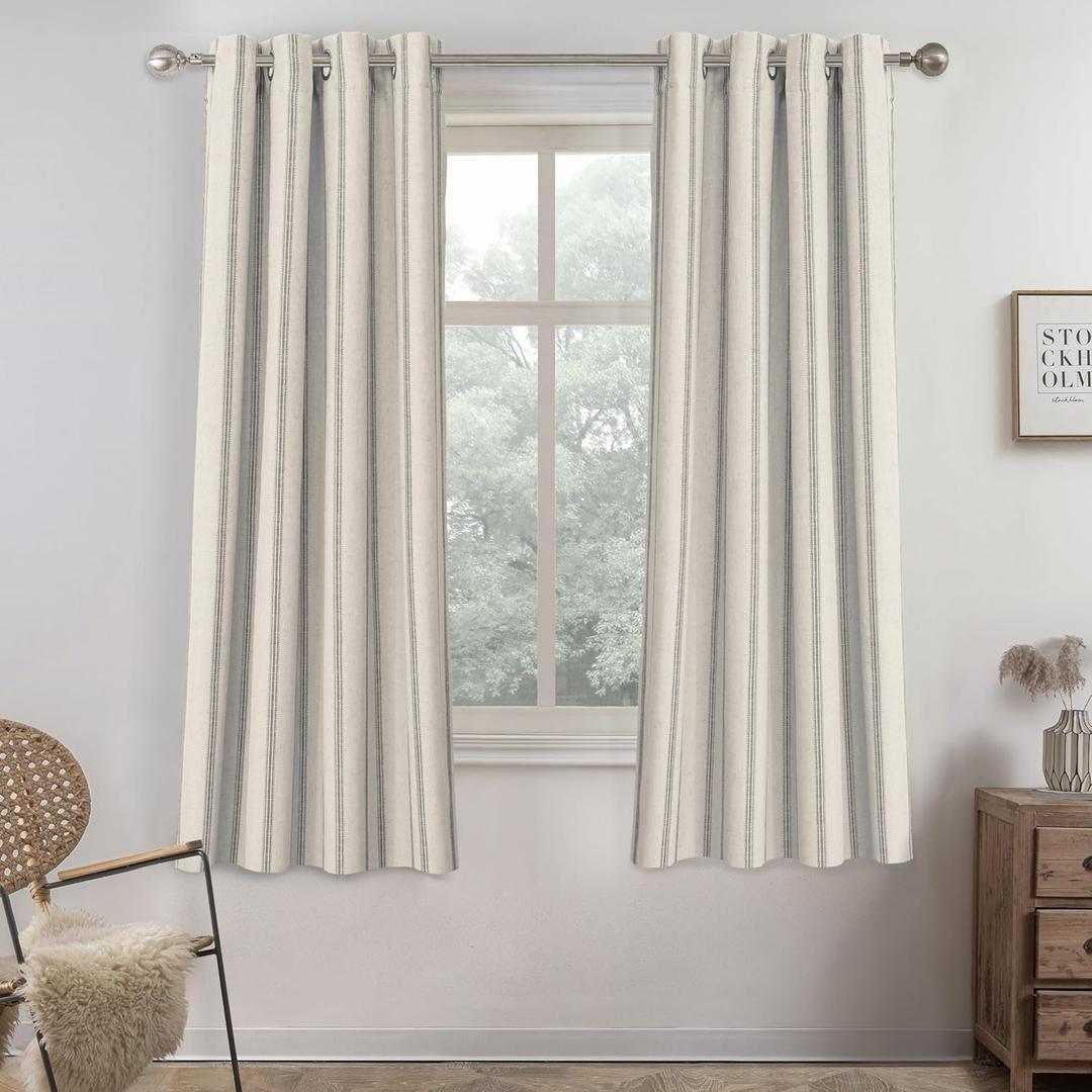 DriftAway Farmhouse Linen Blend Blackout Curtains 63 Inches Long for Bedroom Vertical Striped Printed Linen Curtain Thermal Insulated Lined Treatments for Living Room 2 Panels W52 x L63 Gray