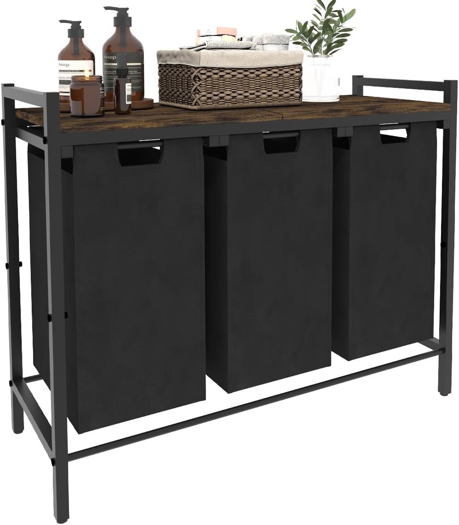 10 x 3 Gal Large Laundry Hamper with 3 Pull-Out & Removable Sorter Bags, Freestanding Clothes Basket Organizer for Clothing or Toys in Bathroom and Living Room, Rustic Brown and Black