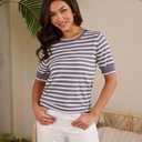 Womens Tops Summer Short Sleeve Shirts Striped Sweater Cute Casual Top Trendy Women Clothing Crewneck Knit Blouses (Gray, XL)