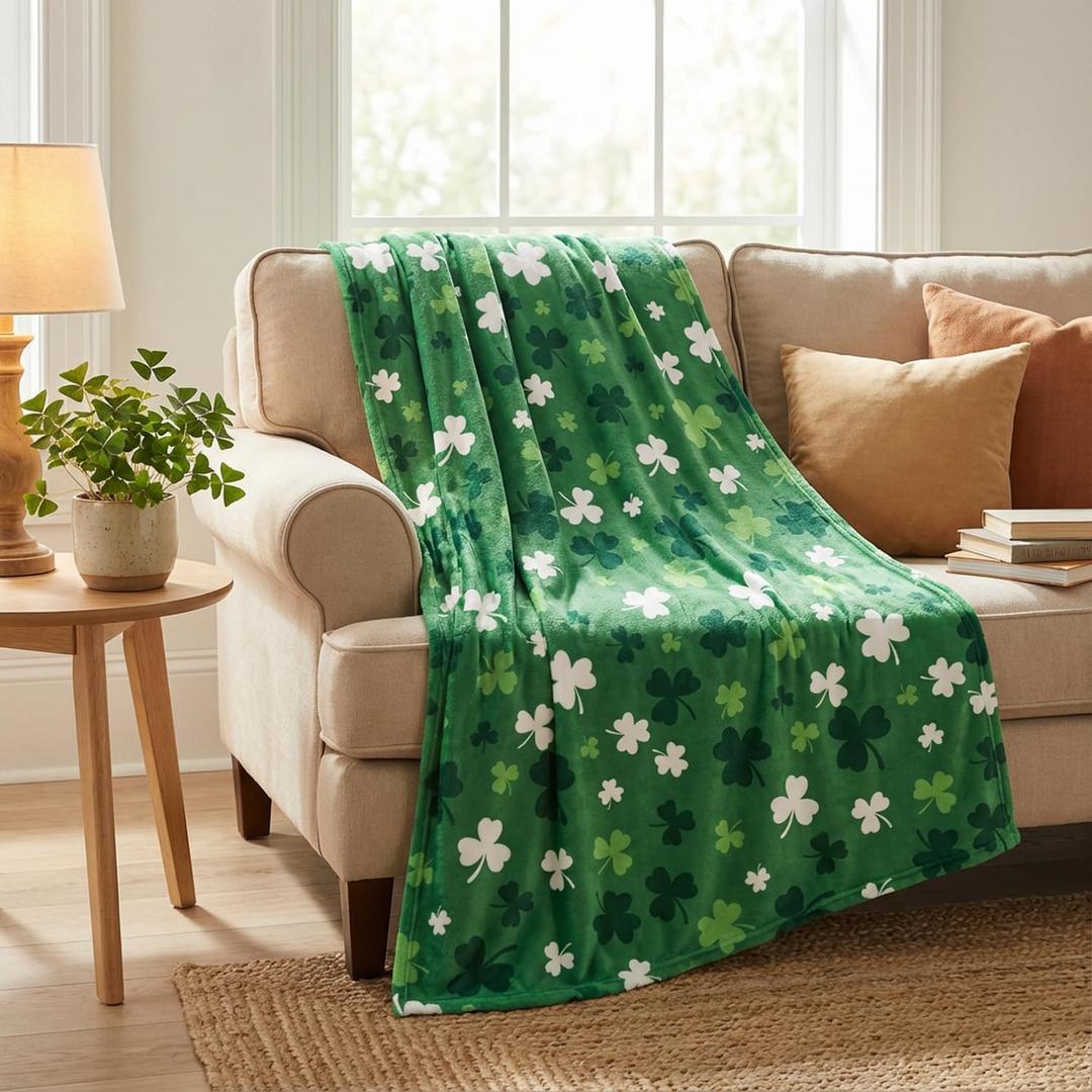Horaldaily St. Patrick's Day Flannel Blanket Throw, Spring Shamrock Green Leaves Soft Fuzzy Plush Cozy Fleece Blankets for Couch Sofa Bed Lounging, Ideal Gifts for Kids Adults Self, 60x80