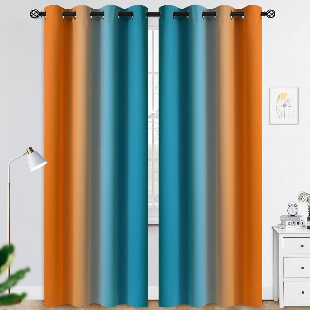 COSVIYA Grommet Ombre Room Darkening Curtains 84 inches Length for Living Room, Polyester Light Blocking Orange and Blue Gradient Window Drapes/Curtains for Kids/Girls Bedroom, 2 Panels, 52x84inches