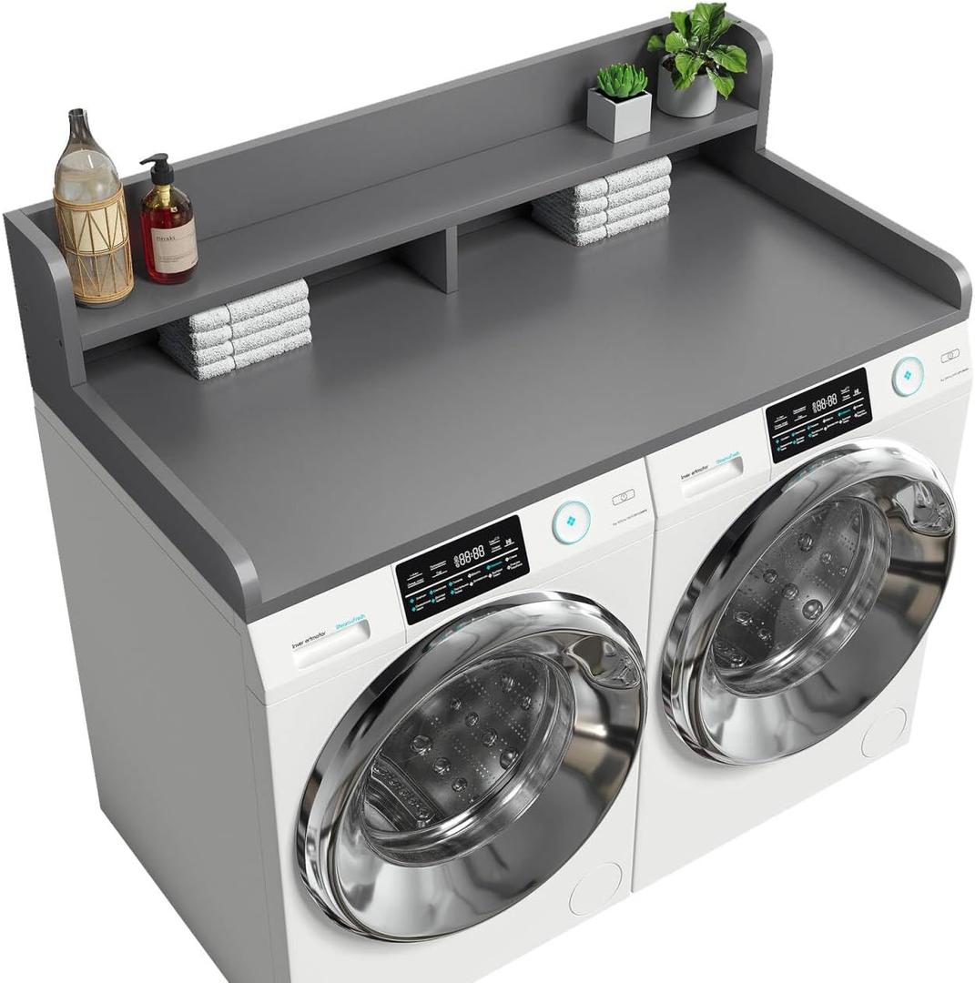 2-Tier Washer Dryer Countertop with 2.75"H Edge Rails, 54" W x 27.55" D Laundry Countertop for Folding Clothes, Washer and Dryer Topper with Non-Slip Pad (Gray), Standard-2 Tier
