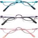 DXYXYO Small Half Frame Reading Glasses for Women 2.5+, 3 Pack Half Moon Metal Readers with Spring Hinge, Purple Blue Pink