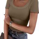 ANRABESS Women Short Sleeve Tops Scoop Neck Ribbed Knit Slim Fitted Basic Tee Shirt Casual Summer Clothes 2026 Spring Outfits (Medium, Coffee)