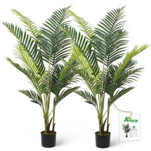 Aveyas 5ft Artificial Palm Tree for Home Decor, 5 Feet Faux Plant Fake Silk Tropical Kentia Areca Trees with Pot for Indoor Outdoor House Living Room Office Porch Garden (5 ft Tall) - Set of 2 Pack