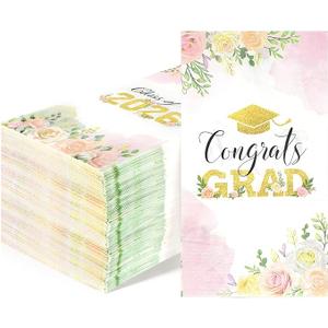 100 Pcs Class of 2026 Graduation Napkins, Floral Graduation Party Napkins, Wildflower Disposable Congrats Grad Cocktail Napkin Paper Dinner Hand Towels for 2026 High School College Grad Party Decor