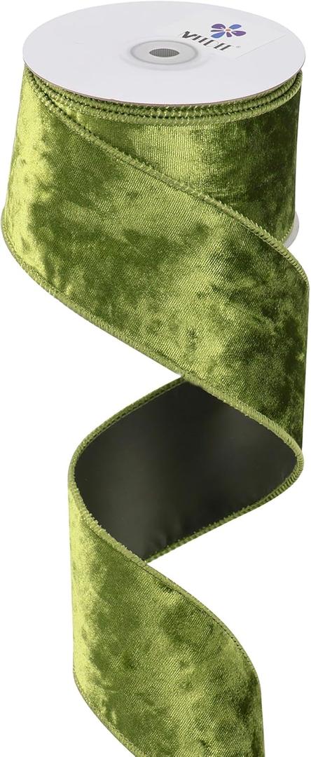 MEEDEE Moss Green Velvet Wired Ribbon 2.5 Inch - 10 Yards Crushed Velvet Christmas Ribbon for Tree Decoration, Wreath Supplies, Crafts Bow Making