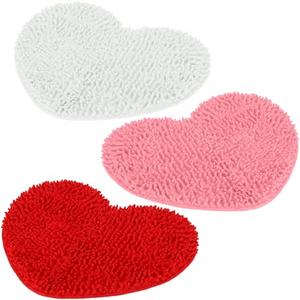 Timgle 3 Pcs Valentines Day Heart Shaped Rugs Galentine Day Love Bath Mats Cute Rugs Non Slip Washable for Home Entrance Bathroom Shower Floor Decor, 20'' x 24'' (Chenille, White Pink Red)