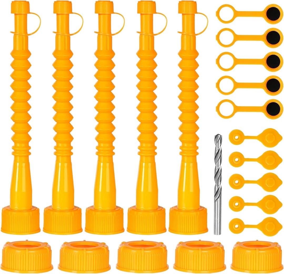 Qilinba Gas Can Spout Replacement 5 Kits, Gas Can Nozzle Replacement Set for most 1/2/5 Gallon Gas Cans, Upgraded Fuel Tank Spout with Flexible Nozzle, Vent Cap, Thick Rubber Pad, Spout Cover, Yellow