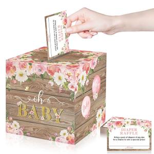 Pajean 50 Pcs Floral Diaper Raffle Tickets and Box Set, Watercolor Flowers, Advice and Wishes for The Parents-to-be, Prop for Diaper Raffle Party Baby Shower Decor New Parents Winner Gifts(Burlywood)