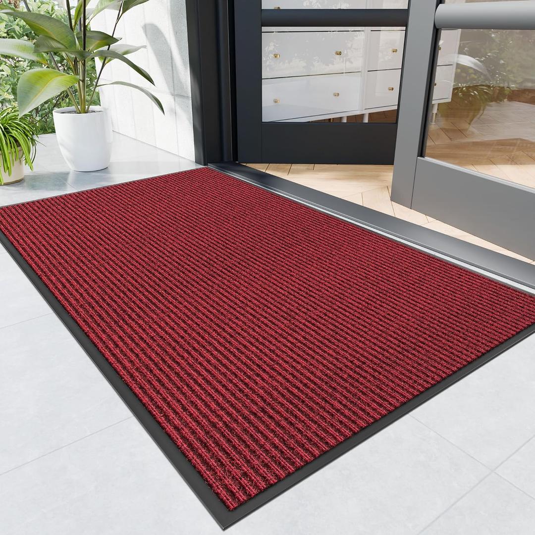 Front Door Mat, 5' x 4' Heavy Duty Indoor Outdoor Door Mat Entrance, Commercial Welcome Mats, Stain and Fade Resistant, Durable Rubber Backing, Low Profile Entry Mat for Patio, Red Stripe