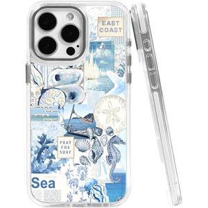 Cases for iPhone 14,Compatible with MagSafe,Classic Clear Shockproof Protection Magnetic Phone Case - Seashell Ocean Blue Retro Collage