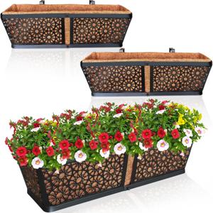 ZeeDix 3Packs Window Box Railing Planter with Coco Liner, 24" Metal Black Hanging Flower Planter Deck Railing Boxes with Coir Liner for Outdoor, Fence, Porch and Patio