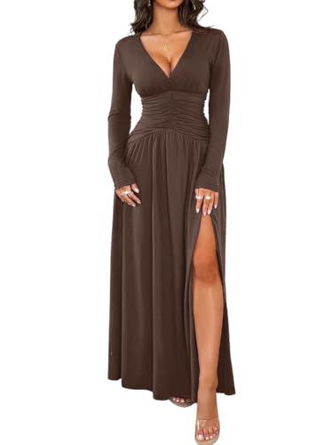 Kaei&Shi Long Sleeve Formal Dress,Deep V Neck High Slit Ruched Dresses for Women,Elegant Cocktail Wedding Guest Outfit (Brown, Small)