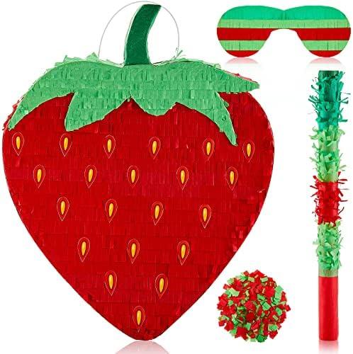 Sotiff 17" Strawberry Piñata Summer Fruit Piñata for Strawberry Birthday Party Summer Fruit Themed Party Game Supplies with Stick Eye Mask Confetti