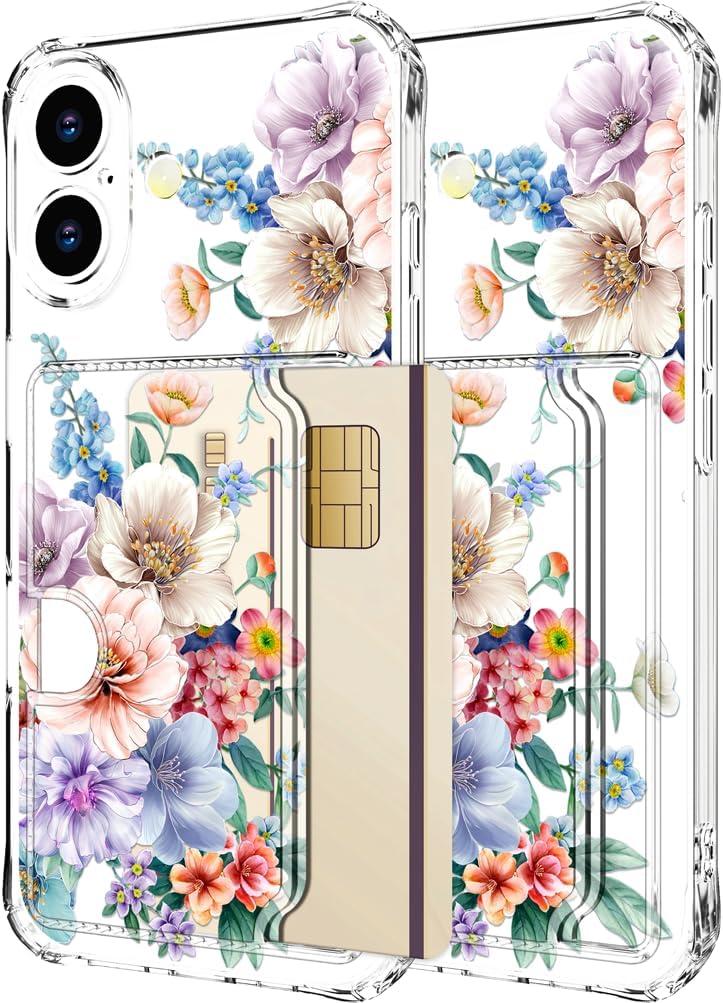 Hungo Compatible for iPhone 17 Case Wallet with Card Holder,Ultra Thin Slim Cute Girly Skin Cases Protector with Airbag Bumper for Women Girls (Clear Beautiful Carnation)