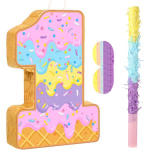 Aoriher Summer Birthday Piata Ice Cream Game Set Summer Number Piata with Bat Stick Blindfold Mask for Sundae Theme Birthday Baby Shower Party Game Supplies Decor(Number 1)