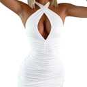 BEAGIMEG Women's Sexy Bodycon Sleeveless Criss Cross Ruched Halter Mini Dress Party Club Dress (Medium, White)
