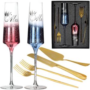 Wedding Cake Knife and Server Set, Mr and Mrs Champagne Flutes& Cake Cutting and Forks Set, Bridal Shower Gifts Wedding Anniversary Engagement Gifts for Bride and Groom
