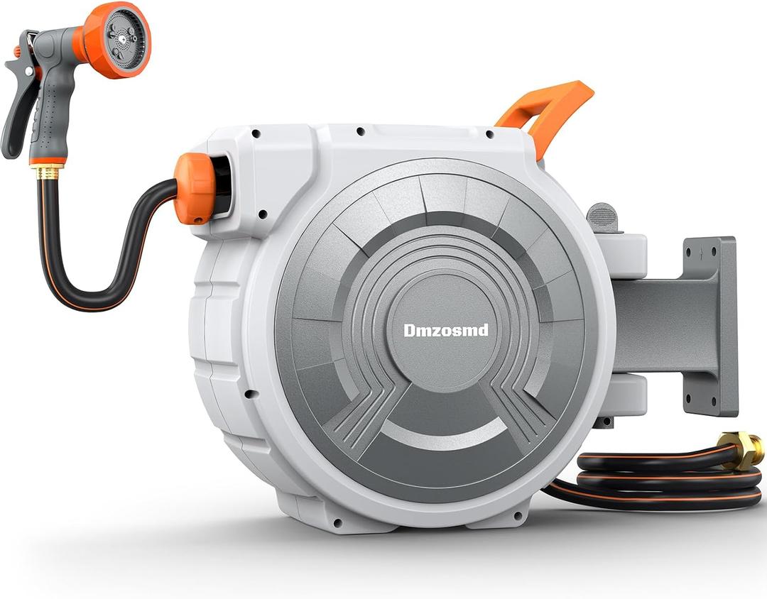 Retractable Garden Hose Reel, 1/2 Inch x 85 ft Wall Mounted, Heavy Duty Garden Hose Reel with 9 Patterns Nozzle, Any Length Lock, Upgraded Slow Return System and 180°Swivel Bracket (1/2" 85FT)