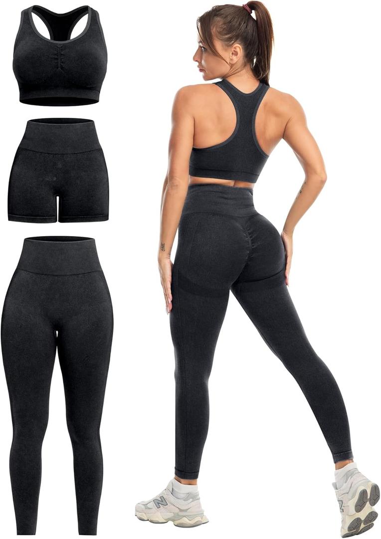 SALSPOR 3 Piece Workout Sets for Women Butt Lifting Leggings with High Impact Sports Bra Gym Shorts Activewear Matching Set(3DWX-Washed Black-S)