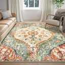 5x7 Rug, Washable Vintage Boho Carpet, Non Slip Low Pile Water Repellent Soft Print Pattern Indoor Rug for Living Room & Bedroom, Beige Red Green