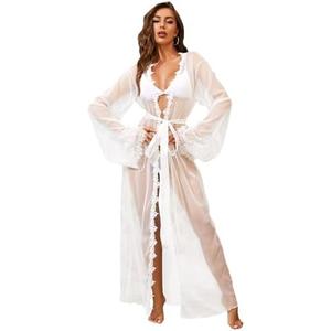 RSLOVE Lingerie for Women Sexy Long Lace Kimono Robe Mesh Chemise Lace Gown Swimsuit Cover Up, Size L