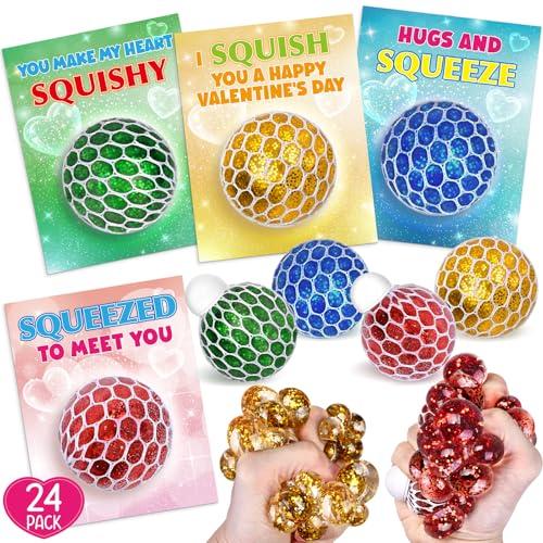 Valentines Day Cards for Kids School Classroom, 24 Stretch Squeeze Balls Fidget Toys with Valentines' Cards, Valentines Cards' Gifts for Kids School Classroom Exchange, Valentines' Party Favors