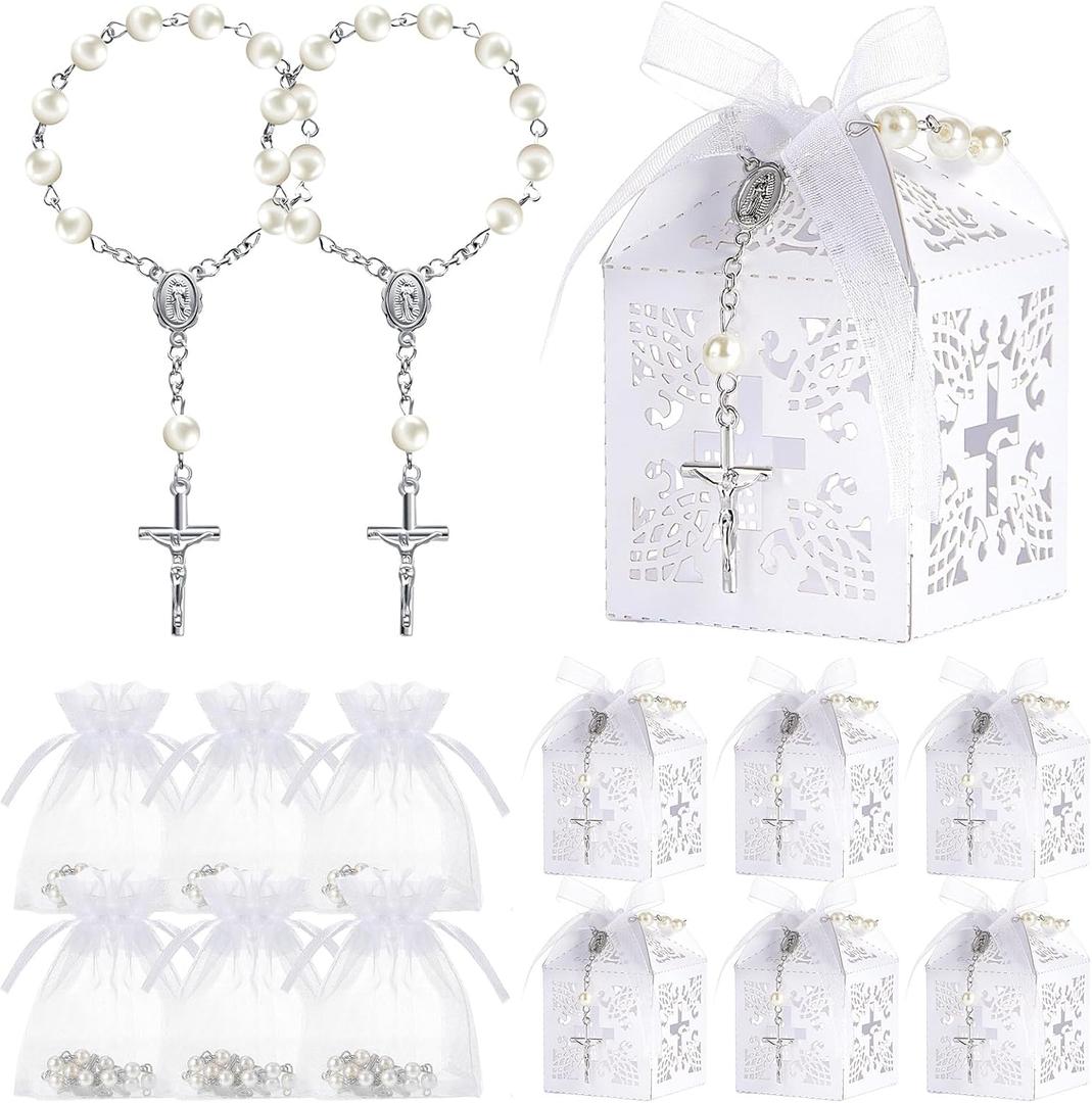 Bonuci 50 Packs Baptism Favors Set Acrylic Rosary Beads Faux Pearls with Organza Bags and Cross Baptism Favor Boxes Recuerdo De Boda Y Bautizo for Christening Weddings Party Favors(Silver,Pearl)