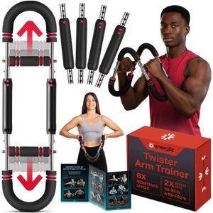 Twister Arm Trainer | Chest Workout Equipment Also for Biceps, Shoulders, Forearms, Back, Legs; Arm Chest Trainer for Men, Women, Beginners, Pros | 2 Spring Sets, 6 Resistance Levels (Blue) (Red)