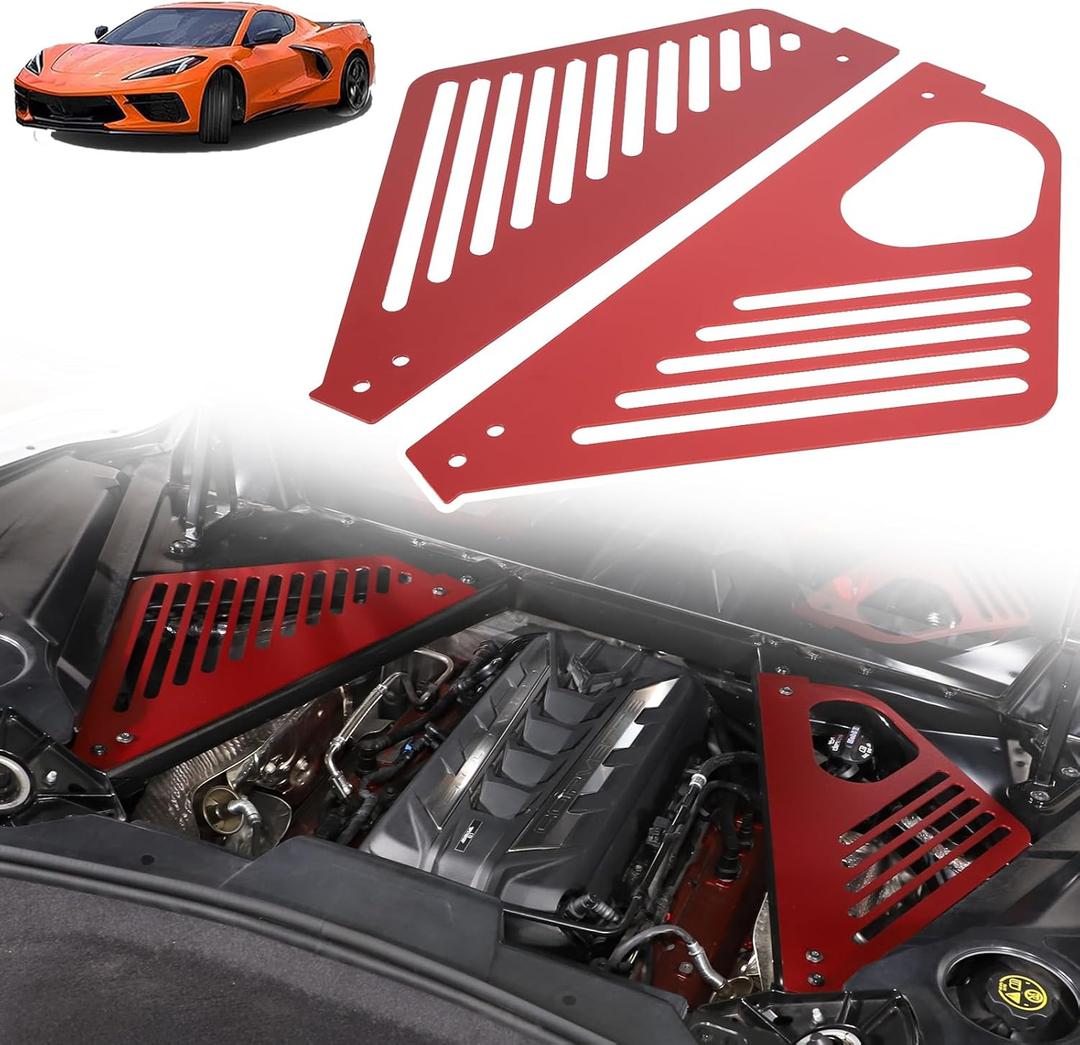 Engine Bay Panel Cover Trim Compatible with Chevrolet Corvette C8 Stingray 2020-2024 Aluminum Alloy 2PCS Engine Compartment Left Right Protection Leakproof Cover Trim Accessories (Red-Style B)