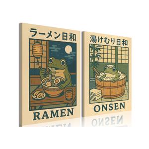 Framed Funny Japanese Frog Canvas Wall Art Set of 2, Vintage Cute Frog in Bathtub Pictures Wall Decor, Rustic Animal Eating Ramen Paintings Prints Home Decor for Bathroom Kitchen 16x24 inch