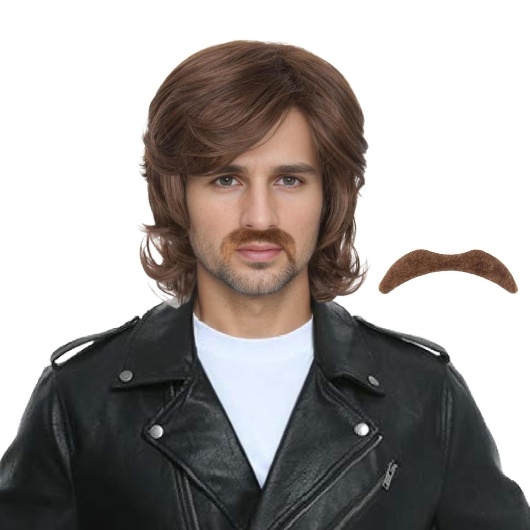 Miss U Hair Men 70s Short Wavy Brown Wig with Mustache Hippie Rocker Wig Cosplay Costume Outfit