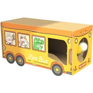 SHENGOCASE Wooden Jumbo 26.4" x 11.8" Extra Large Bus Shaped Cat Scratcher House for Maine Coon, Cardboard Cat House with Scratching Pad