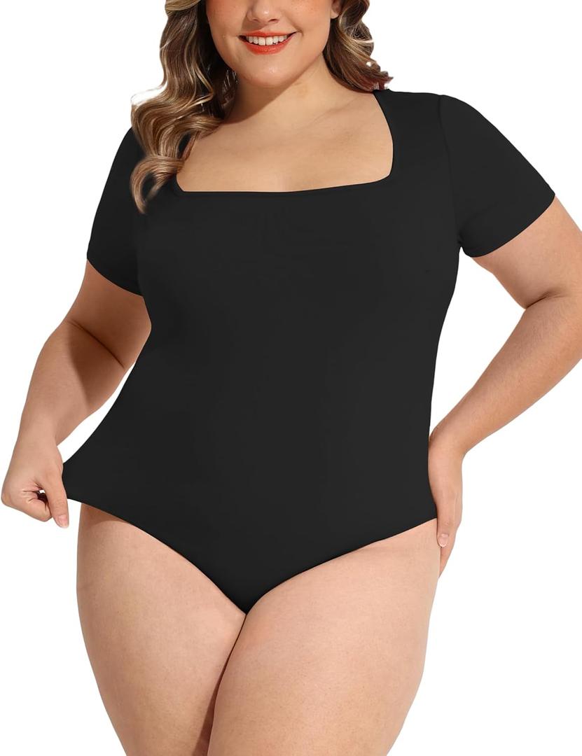 FOREYOND Plus Size Bodysuit for Women Short Sleeves Square Neck Body Suit Tops Casual Basic Slim Fit Shirts Leotards (XX-Large, Black)