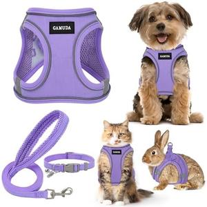 GAMUDA Small Pet Harness Collar and Leash Set, Step in No Chock No Pull Linen Fabric Soft Mesh Dog Vest Harnesses Reflective for Dogs Puppy Cats Kitten Rabbit (Purple, S)