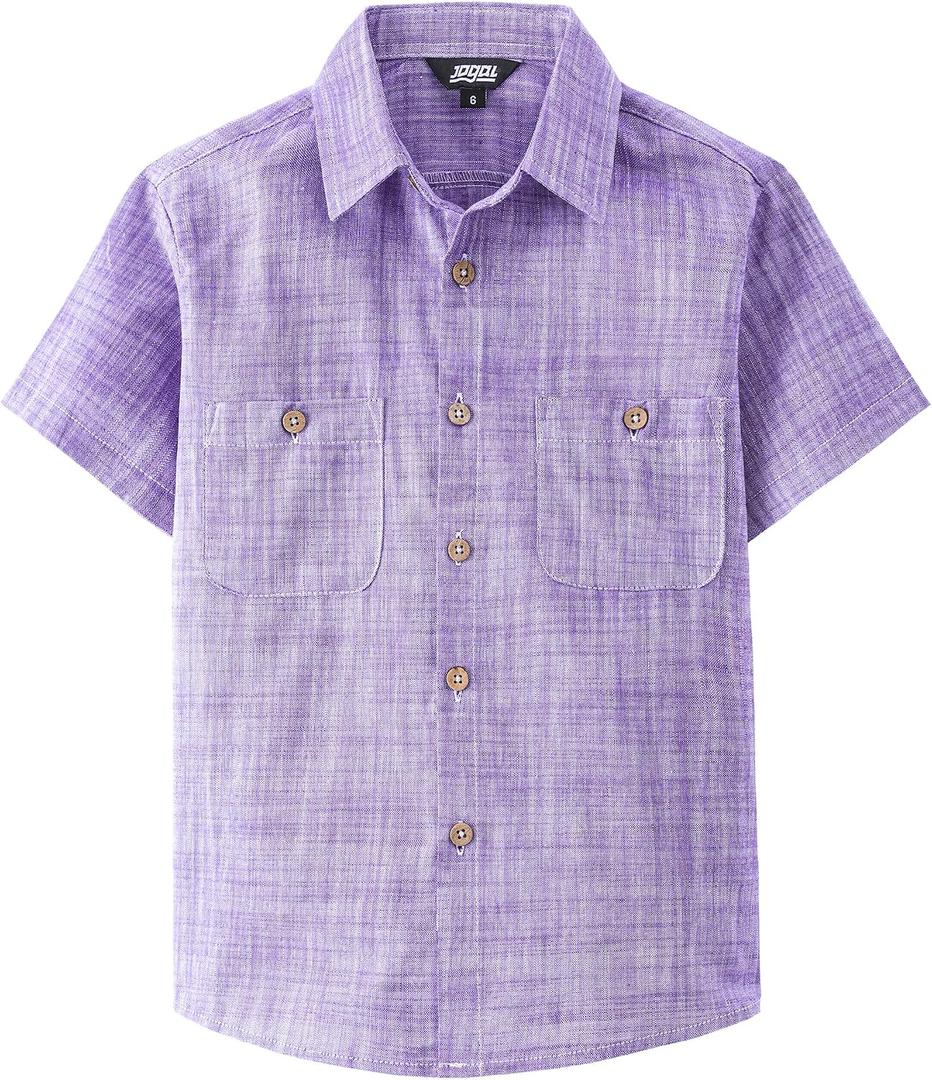 JOGAL Boys Chambray Shirts Short Sleeve Button Down Casual Cotton Woven Shirt with Two Pockets for Kids, Size: 10