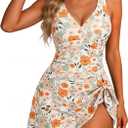 Zando Women One Piece Swim Dress 2026 - Modest Swimsuit with Skirt Tummy Control, Tie Knot & Floral Print Bathing Suit (Beige, S)