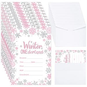 2 x 25 Pcs Winter Onederland Birthday Party Invitations with Envelopes First Birthday Decorations Winter Snowflakes Silver Pink Invitations for Holiday Winter 1st Birthday Party Supplies, 4 x 6 Inch