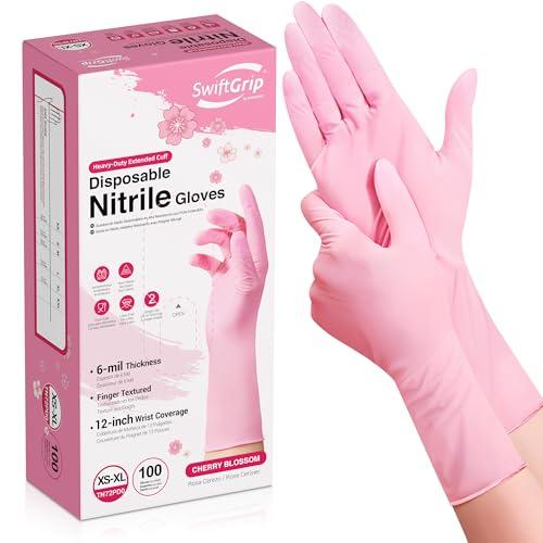 SwiftGrip Disposable Nitrile Dishwashing Gloves, Extended 12 Inches Cuff, 6-mil, Small, Cherry Blossom Cleaning Gloves for Latex-Free, Ideal for Cooking, Hair Dye, Spa (Box of 100) : Health & Household