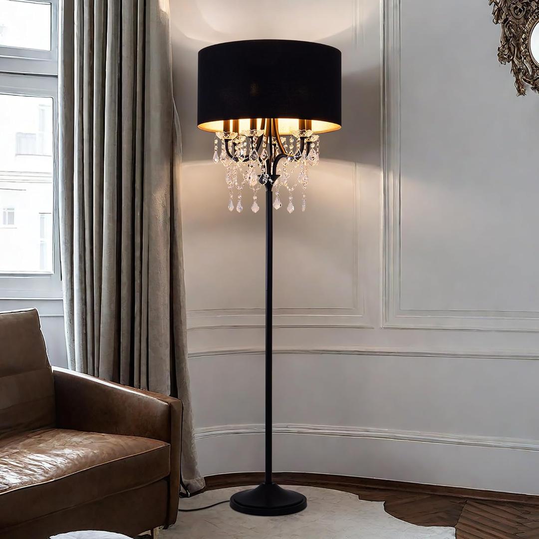 Wellmet Black Crystal Drum Shade Floor Lamp, 6 Light Black Gold Shade, Candle Base, for Living Room, Bedroom, Reading Room, Hallway, Corridor, Black