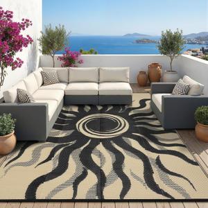 Garvee Outdoor Rug 6x9 Waterproof Patio Rugs with Boho Sun Pattern, Reversible Plastic Straw Camping Rugs Outdoor Indoor RV Mat Carpet for Deck, Backyard, Picnic, Porch, Balcony, Beach, Black