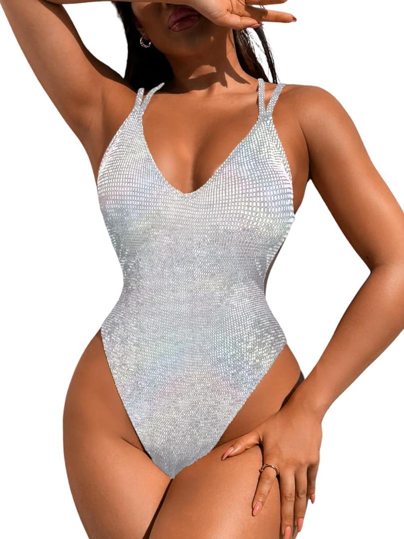 Sexy Swimsuit for Women,Backless Scrunch Butt High Cut Monokini,One Piece Cheeky Bathing Suit Beach Pool Party (2-4, Holographic)