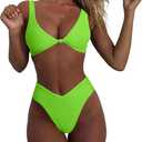 geluboao Bikini Set for Women Solid V Neck Knot Front Push Up High Leg Thong Two Piece Swimsuit (Medium, Bright Green)