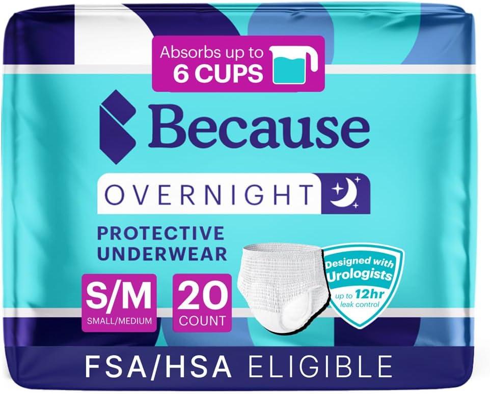 Because Overnight Absorbency Pull Ups - Adult Disposable Incontinence Underwear, Extra Absorbent Nighttime Briefs for Men and Women, White, Small/Medium, 20 Count