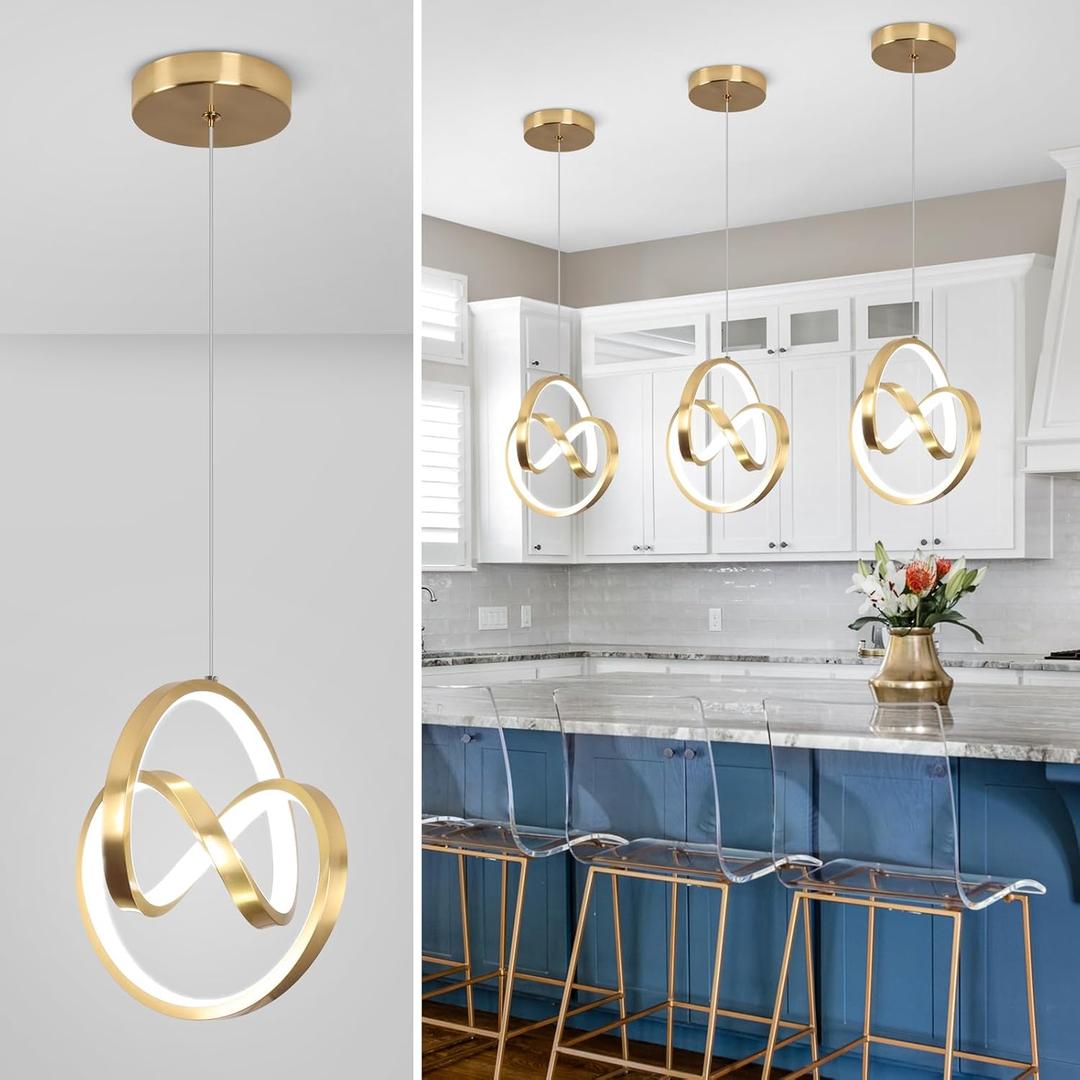 Modern LED Pendant Lights Kitchen Island, 6000K LED Chandelier Adjustable Height Gold Hanging Light Fixture Island Lights for Kitchen Dining Room Cafe Table, 1Pack