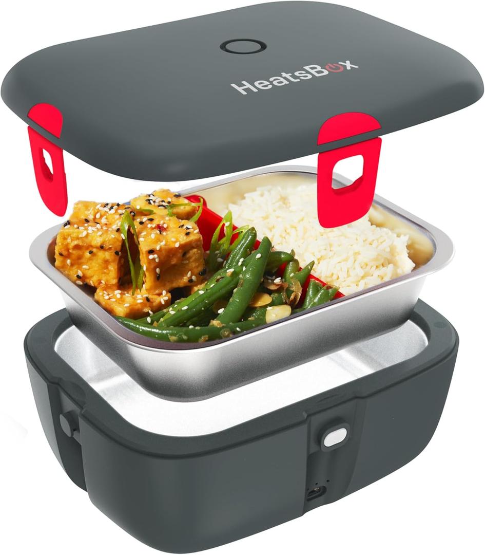 HeatsBox Go Electric Lunch Box, Mobile Warming Box for Heating Food, App Controlled, Integrated Battery, Leak-Proof Stainless Steel Bowl (940 ml), 100 Watt, Grey